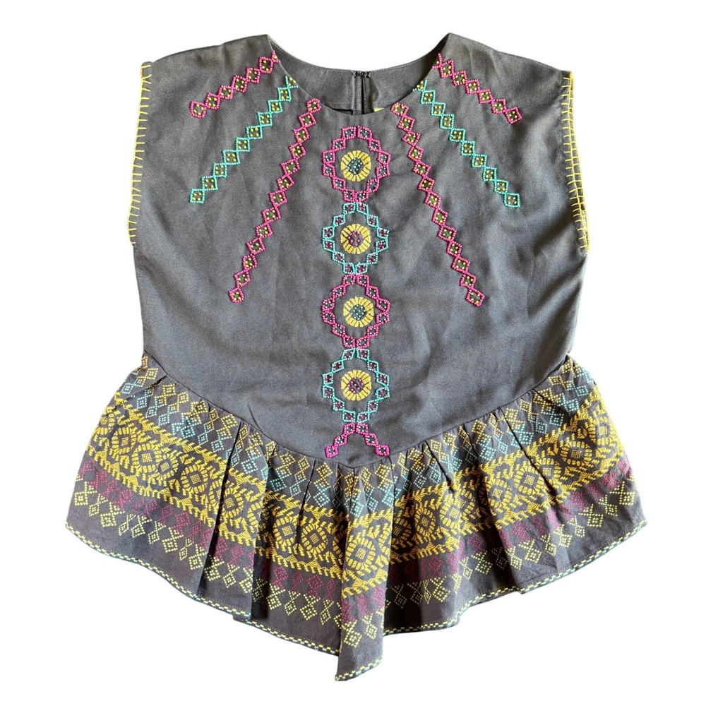 Maeve Antro Womens Peplum Blouse M Gray Polyester Beaded Embroidered Artsy Chic‎